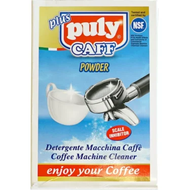 Puly Caff Plus Backflushing Detergent Powder 10 Packets, featuring portafilter and cup image, is an NSF-certified espresso machine cleaner and scale inhibitor with the slogan “enjoy your coffee.”. © 2025 1st-line.com