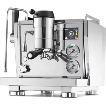 The Rocket R Nine One Dual Boiler Espresso Machine, featuring a steam wand, pressure gauges, digital display, and multiple controls, is displayed against a white background. © 2025 1st-line.com