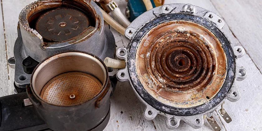 Close-up of disassembled coffee machine parts with visible rust, scale, and mineral buildup on metal surfaces, highlighting the need for regular espresso equipment maintenance, placed on a white wooden surface. © 2025 1st-line.com
