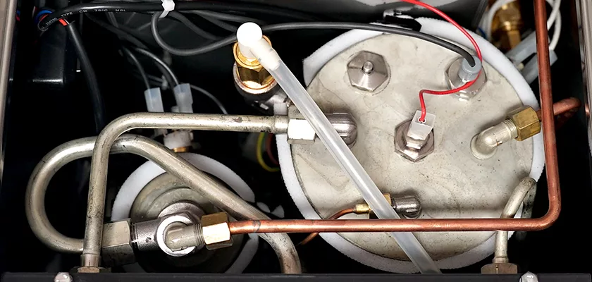Close-up view of the internal components of the Rocket R Cinquantotto (R58) Dual Boiler Espresso Machine, displaying interconnected metal pipes, tubes, wires, and cylindrical boiler elements. © 2025 1st-line.com