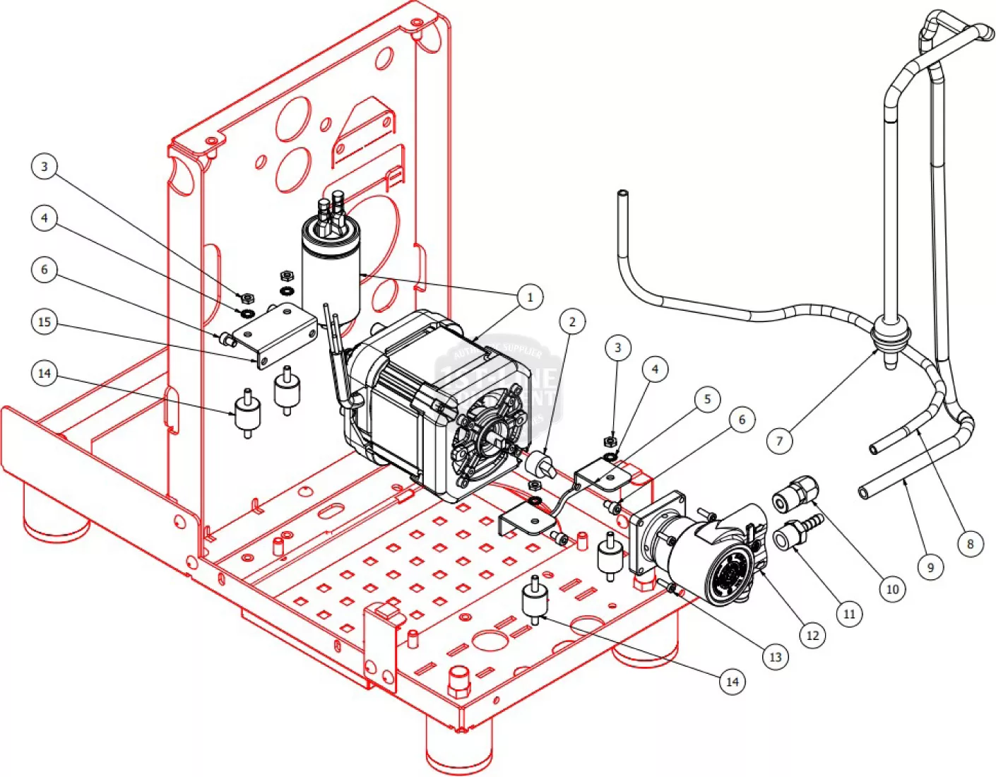 Exploded parts diagram of a Bezzera Aria mechanical assembly showing a motor, wiring, pipes, valves, and numbered components mounted on a perforated base platform with connection points and supporting frame. zDONE. © 2025 1st-line.com