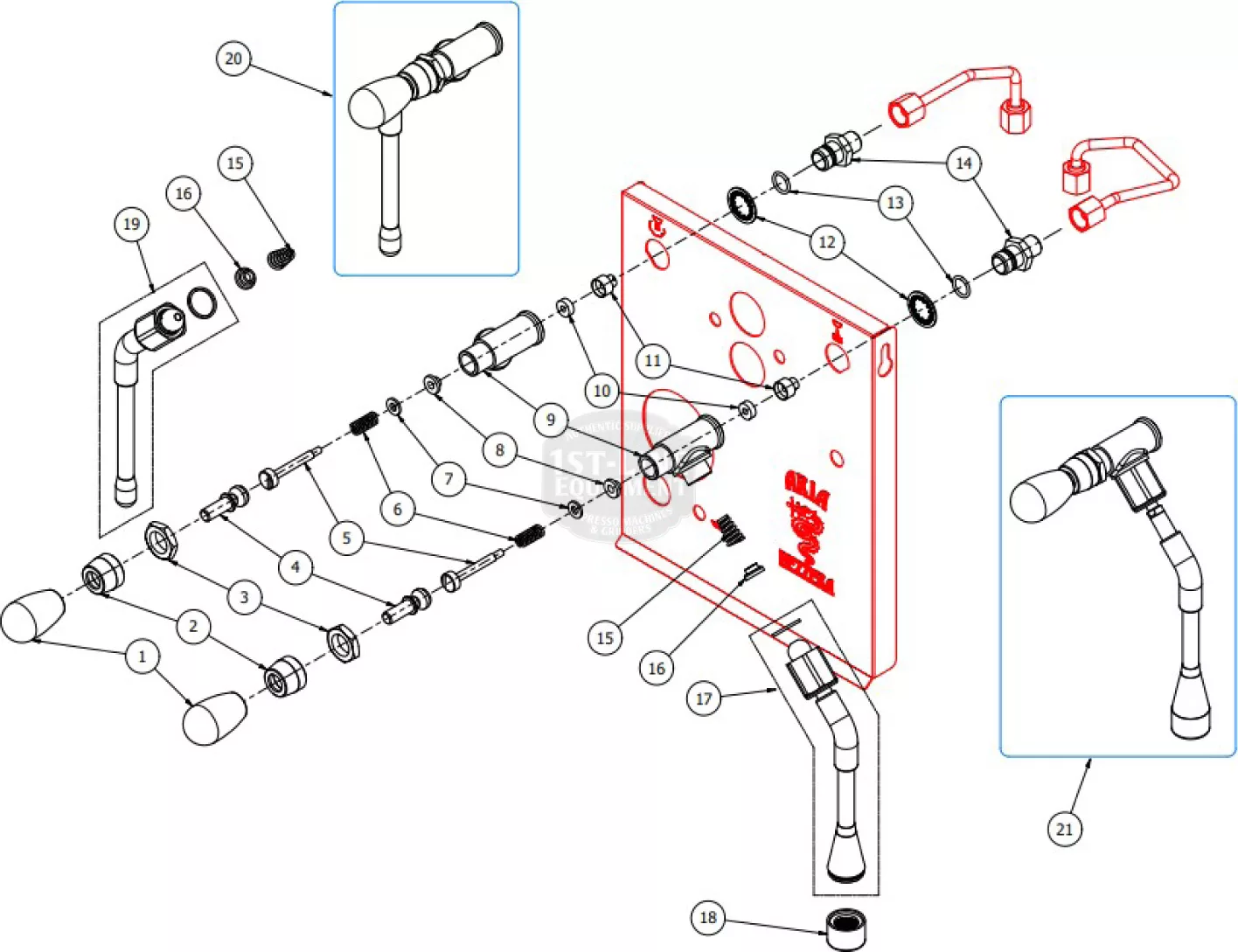Exploded parts diagram of a faucet assembly, featuring numbered parts, connectors, washers, and pipes. Includes detailed inset views of the spout and handle components. Ideal for Bezzera Aria repair or zDONE reference. © 2025 1st-line.com