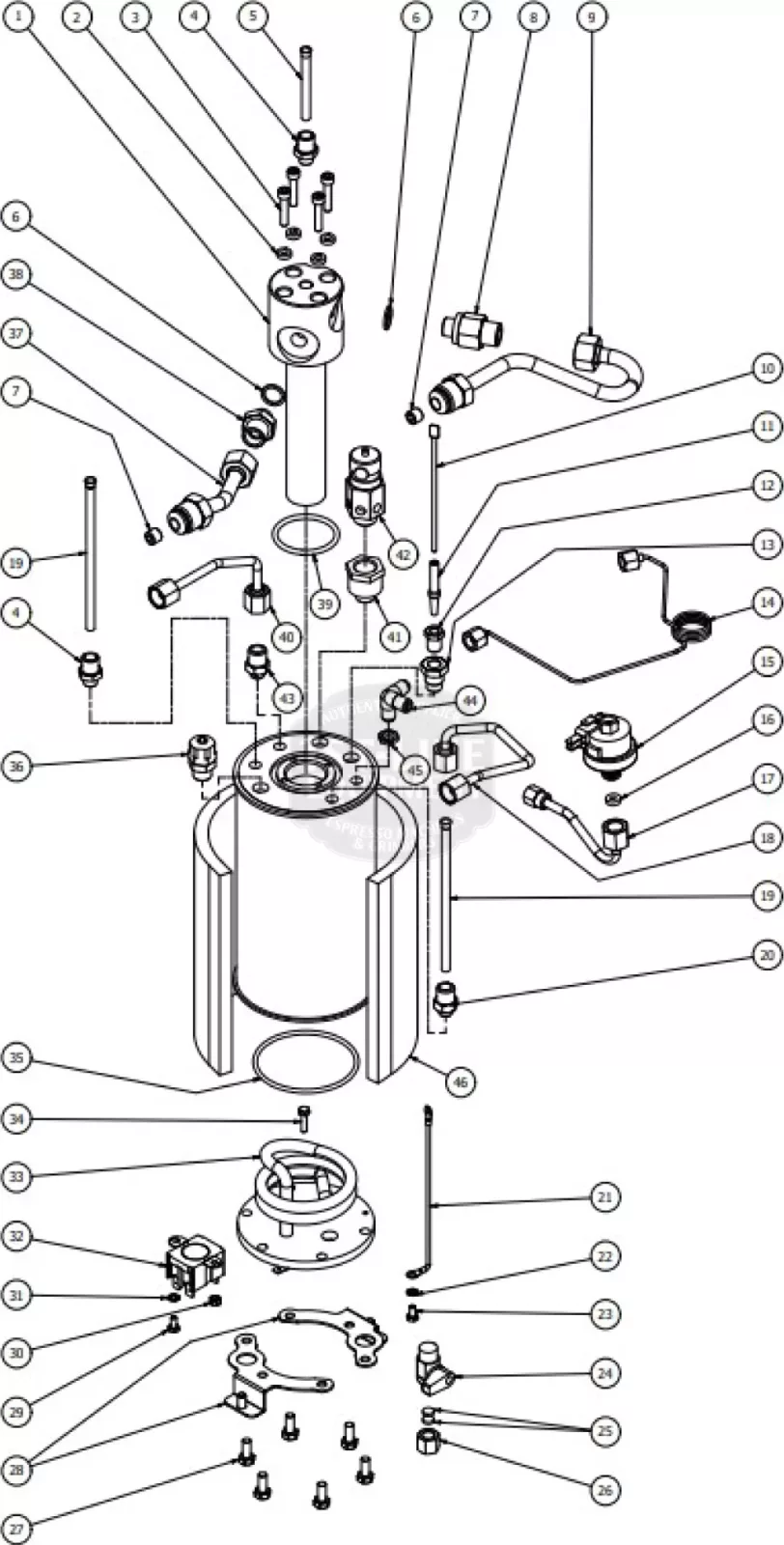 Exploded parts diagram of a mechanical device, possibly a Bezzera Aria pump or motor, with numbered bolts, pipes, fittings, and housings displayed separately to show assembly order and individual components. © 2025 1st-line.com