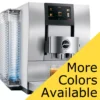 The Jura Z10 Super-Automatic Espresso Machine, shown in silver with a digital display and coffee cup on a white background, features a yellow “More Colors Available” banner. © 2025 1st-line.com