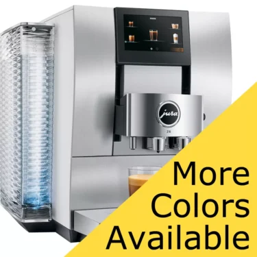 The Jura Z10 Super-Automatic Espresso Machine, shown in silver with a digital display and coffee cup on a white background, features a yellow “More Colors Available” banner. © 2025 1st-line.com