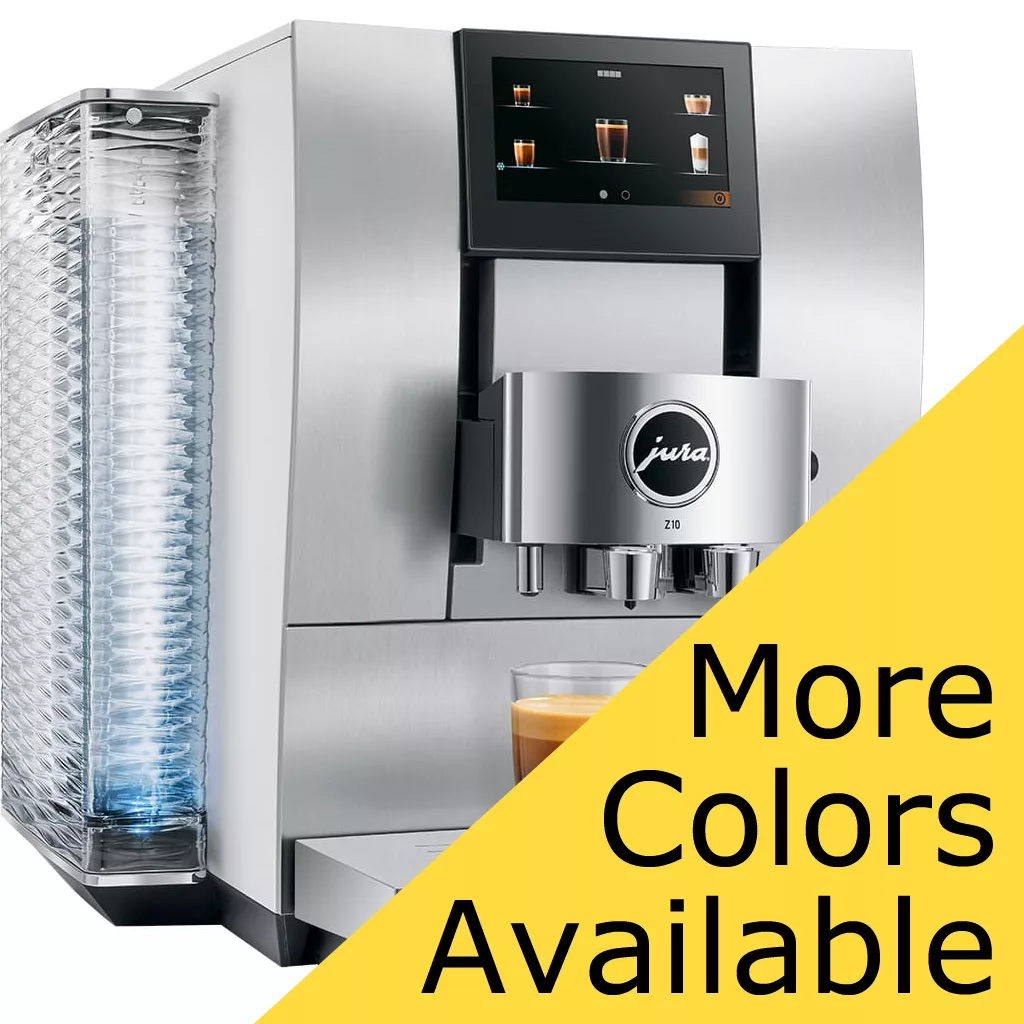The Jura Z10 Super-Automatic Espresso Machine, shown in silver with a digital display and coffee cup on a white background, features a yellow “More Colors Available” banner. © 2025 1st-line.com