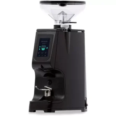 The LUCCA Atom 75 Espresso Coffee Grinder features a sleek black design, digital display, clear top hopper for beans, and a front portafilter holder—ideal for precise, consistent grinding. © 2025 1st-line.com