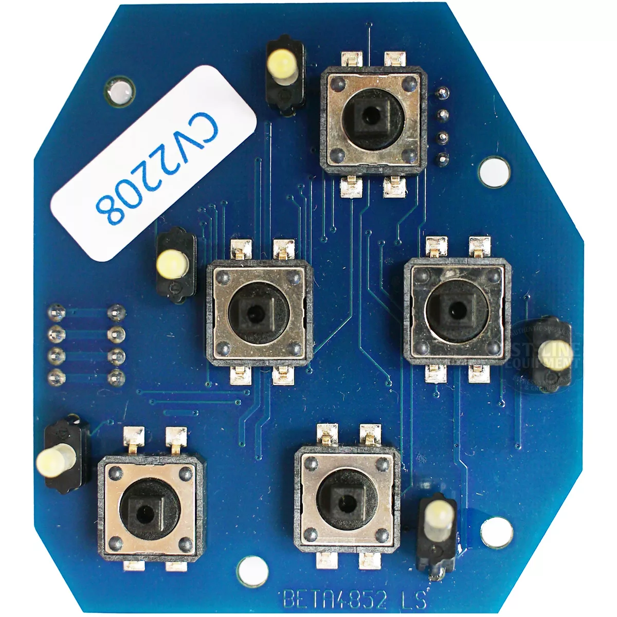 A blue circuit board resembling the Bezzera 7666508 3-Button Keyboard for Arcadia THE features five black tactile buttons, four yellow-tipped corner components, and a white CV2208 label in the upper left with visible traces. © 2025 1st-line.com