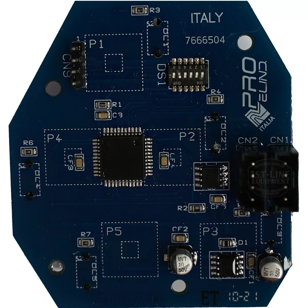 A blue printed circuit board labeled Bezzera 7666507, featuring microchips, capacitors, connectors, and sections for Arcadia VAP integration. It serves as a 3-button keyboard for the Arcadia VAP system. © 2025 1st-line.com