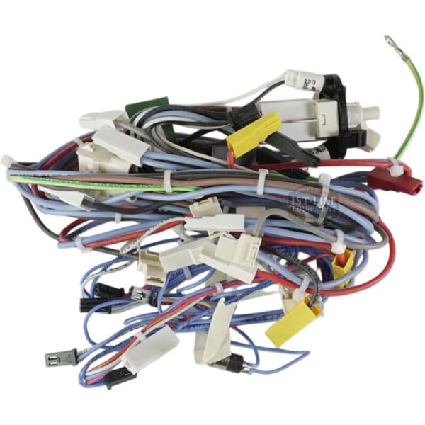 A bundle of multicolored wires with connectors and plastic clips, secured by white zip ties, designed for the Lelit 3000056 Bianca V3 Power Switch Wiring Assembly. © 2025 1st-line.com