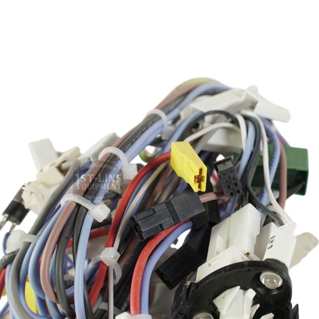 A close-up of multicolored electrical wires and connectors, including yellow, black, and green plugs from a Lelit 3000056 Bianca V3 Power Switch Wiring Assembly, set against a white background. © 2025 1st-line.com