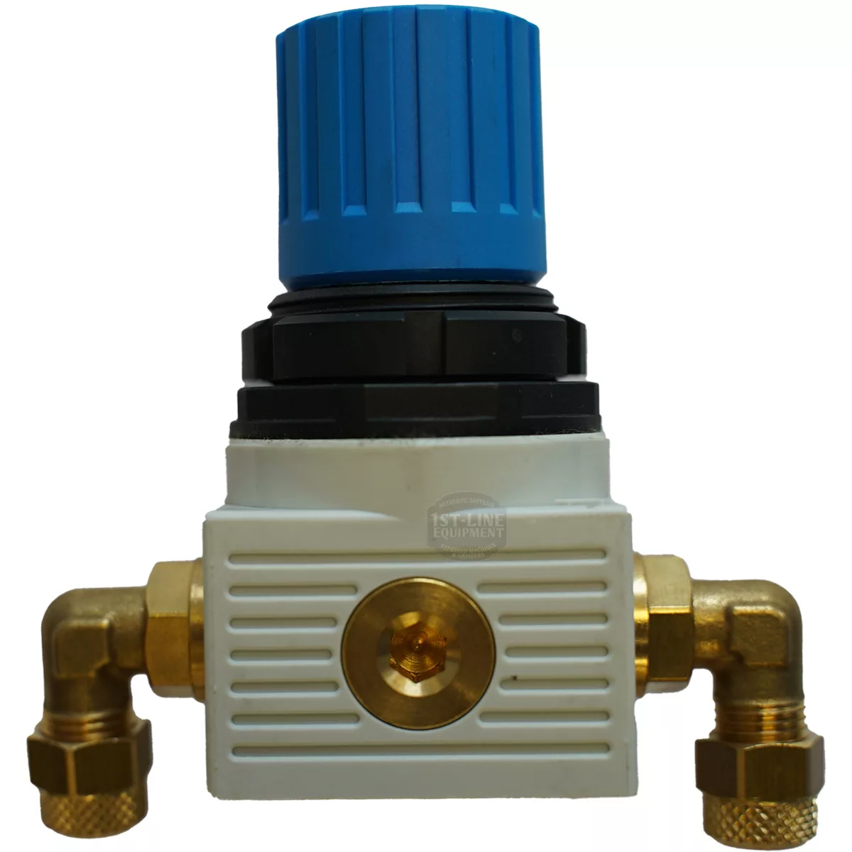 A close-up of the Bezzera 5344041 Pressure Regulator Assembly, featuring a blue knob, white rectangular body, and two brass elbow fittings on either side, set against a white background. © 2025 1st-line.com