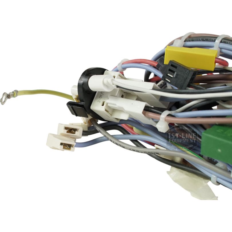 A close-up of the Lelit 3000056 Bianca V3 Power Switch Wiring Assembly, showing multicolored wires, connectors, plastic clips, a green wire with a metal loop, and other attached components. © 2025 1st-line.com