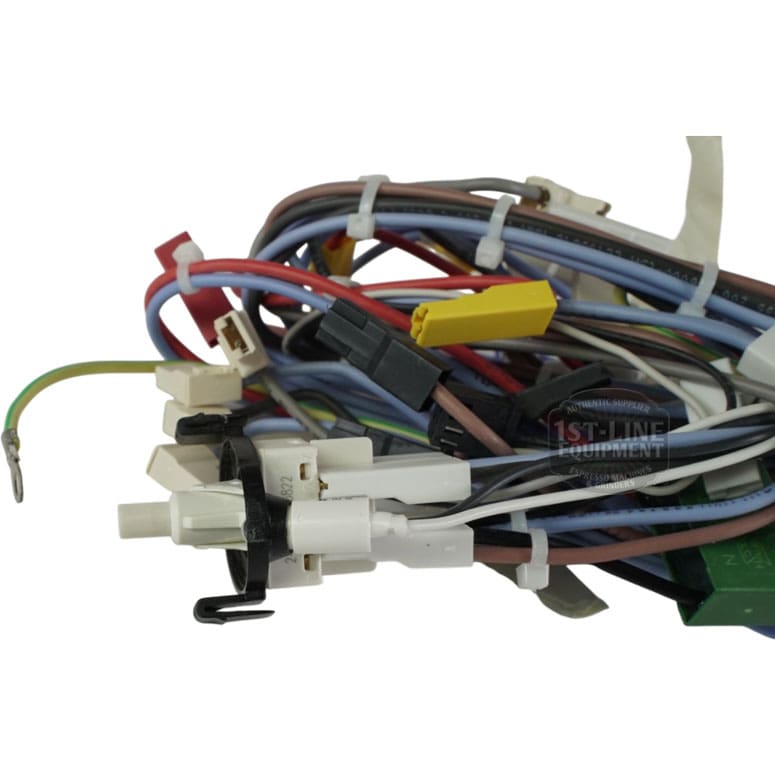 A close-up of the Lelit 3000056 Bianca V3 Power Switch Wiring Assembly shows multicolored wires, connectors, plastic clips, and terminals arranged in a cluster against a white background. © 2025 1st-line.com