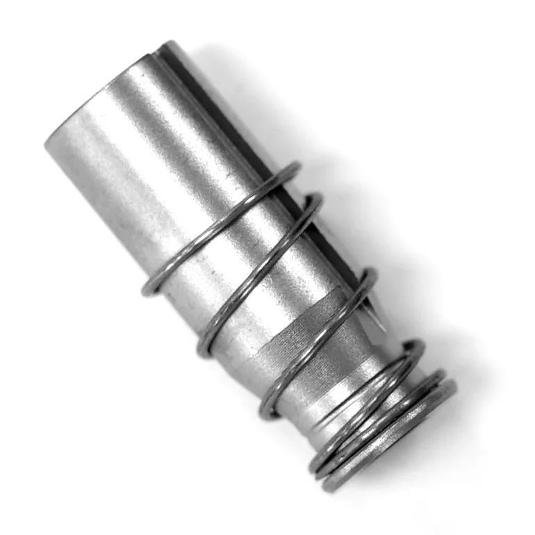 A close-up of the Lelit 9700078 LF S Valve Plunger shows its metallic cylindrical body with a conical coil spring wrapped around it, positioned diagonally on a white background. © 2025 1st-line.com