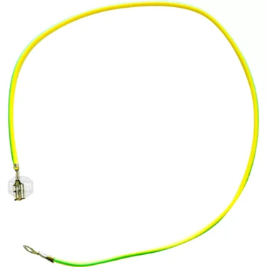 A single yellow and green grounding wire with metal connectors at both ends, coiled in a loop on a white background—compatible with the Lelit 1400278 Water Tank Cover for Black Mara X. © 2025 1st-line.com