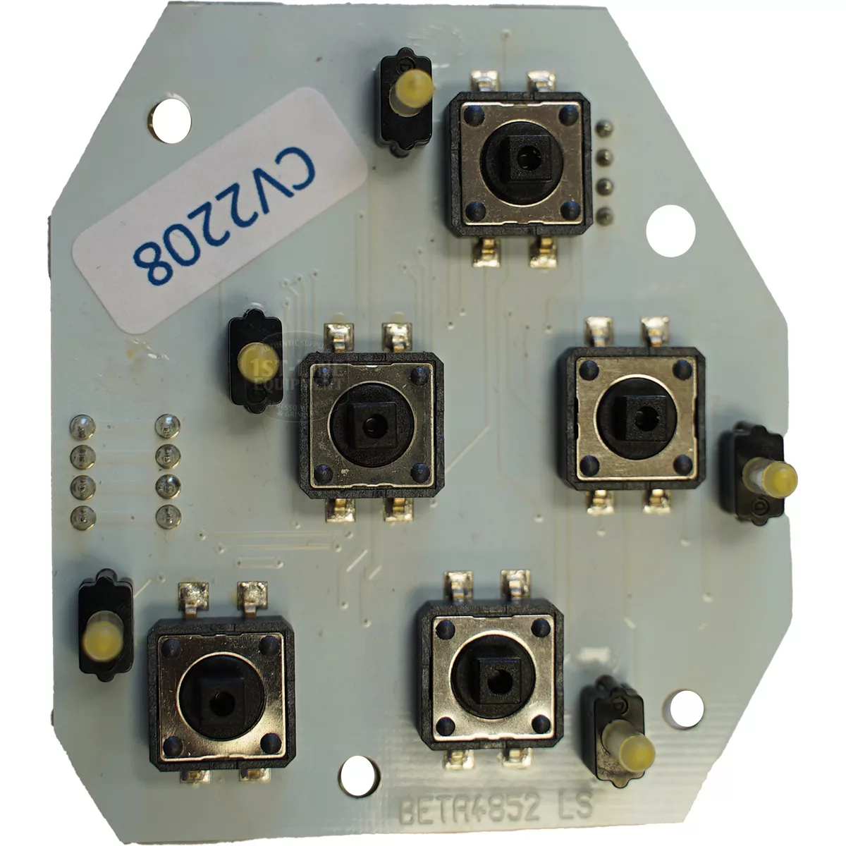A small circuit board with five square tactile push buttons, yellow-tipped pins, and a “CV2208” sticker, similar to the Bezzera 7666504 5-Button Keyboard for Arcadia CAF1; “BETA6532 LS” is printed at the bottom. © 2025 1st-line.com