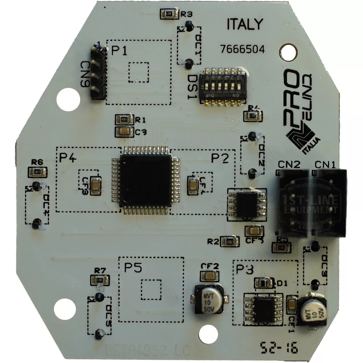 A white circuit board labeled “PRO ELIND” and “ITALY” features electronic components and black microchips, like those in the Bezzera 7666504 5-Button Keyboard for Arcadia CAF1 espresso machine. © 2025 1st-line.com