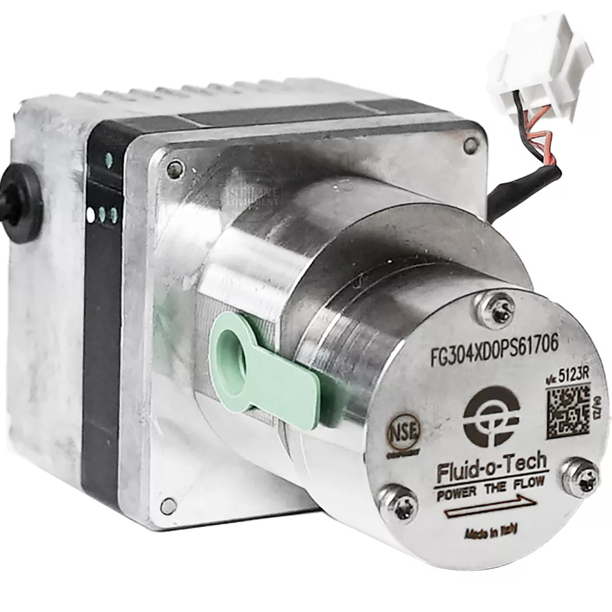 Close-up of a Bezzera 7730513 Pump FG304X O-Ring on a metal rotary pump with green lever, electrical connector, and labeled front plate showing serial and model numbers—designed for FG304X compatibility. © 2025 1st-line.com