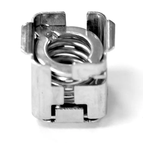 Close-up of a Lelit 9500018 Bianca Body Panel Screw Receptacle, featuring a visible internal spring, commonly used for mounting equipment in server racks, set against a white background. © 2025 1st-line.com