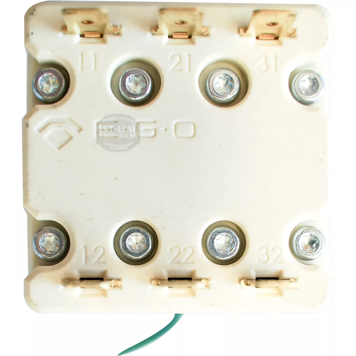 Close-up of a white Bezzera 7434001 Manual Thermostat terminal block with six screw terminals (11, 12, 21, 22, 31, 32), labeled “1st-Line Equipment” and “60”; a green wire is attached at the bottom. © 2025 1st-line.com
