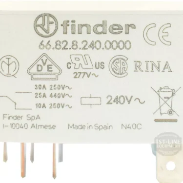 Close-up of the Bezzera 7635422 Finder Relay, model 66.82.8.240.0000, showing voltage and current specs, certification symbols, and metal pins for connection—compatible with Bezzera machines. © 2025 1st-line.com