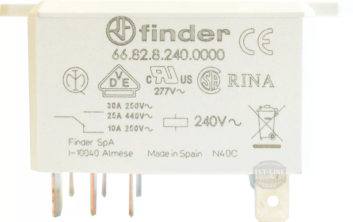 Close-up of the Bezzera 7635422 Finder Relay, model 66.82.8.240.0000, showing voltage and current specs, certification symbols, and metal pins for connection—compatible with Bezzera machines. © 2025 1st-line.com