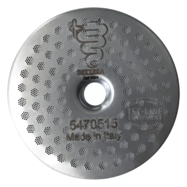 Round, silver metal Bezzera 5470515 Competition Shower D57 with small hexagonal holes in a honeycomb pattern. Features engraved Bezzera logo, Dal 1901, and Made in Italy text on the surface. © 2025 1st-line.com