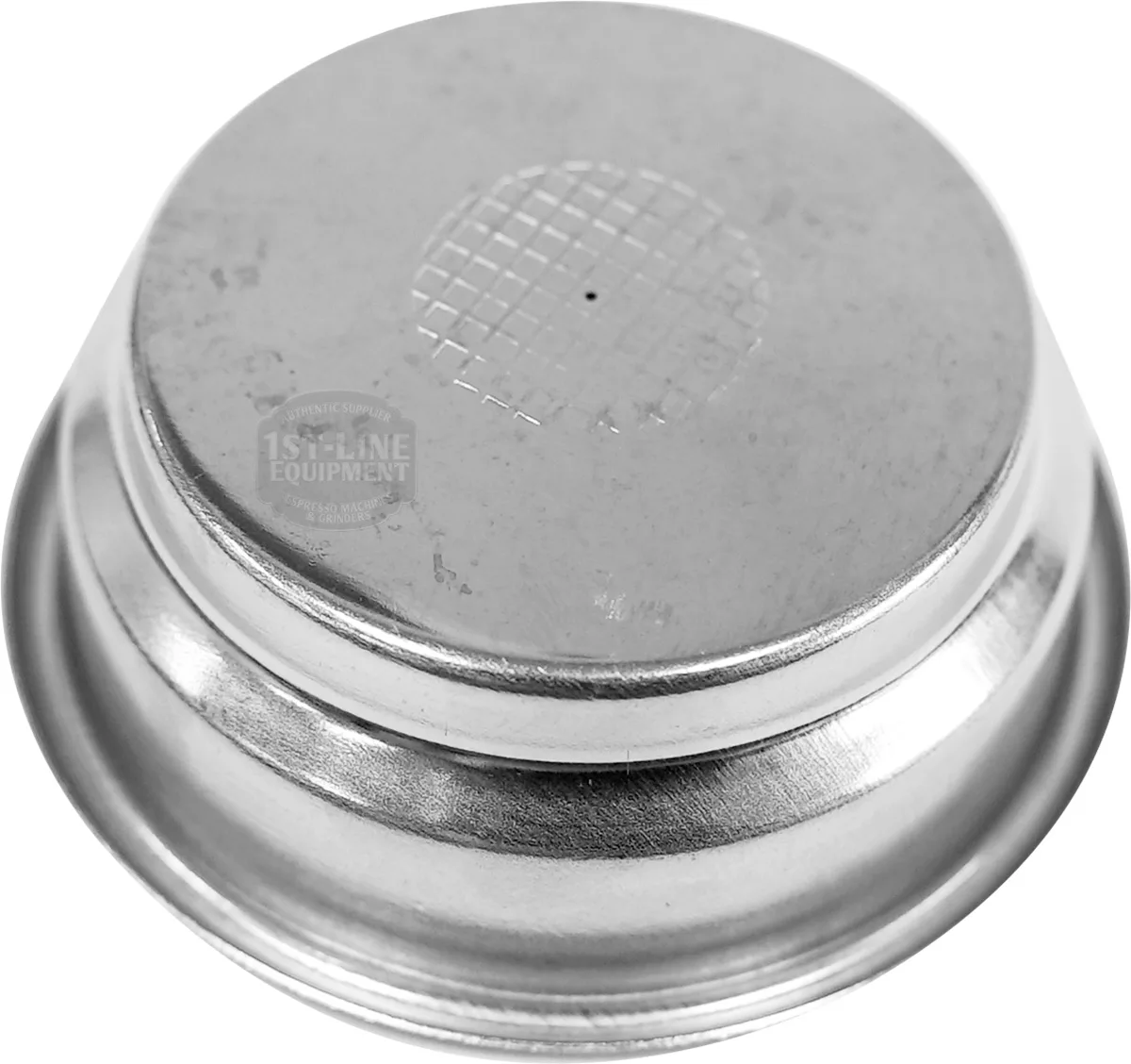 The 1st-line 58mm Pressurized 2-Cup Basket is stainless steel with a slightly textured circular center, shown from above on a white background—an ideal fit for your 1st-line espresso machine. © 2025 1st-line.com