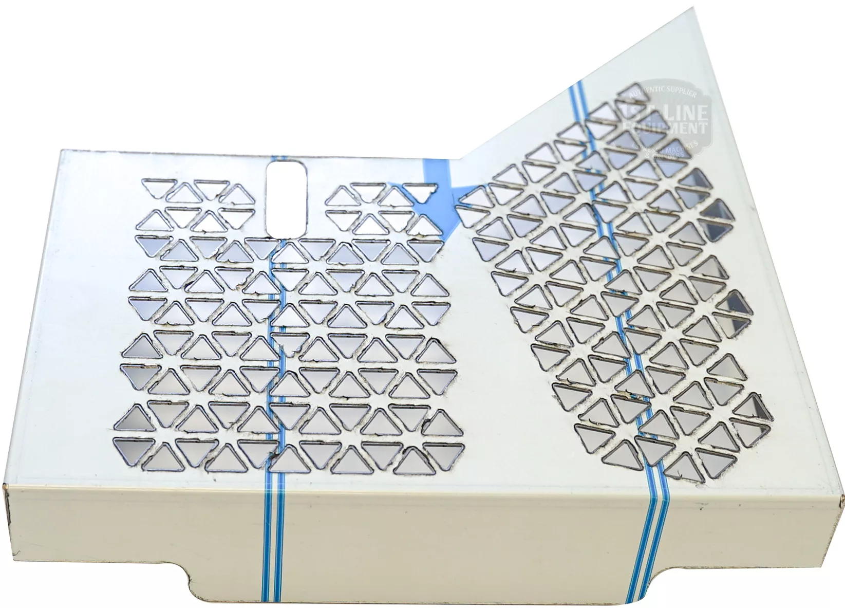 The ACS MIN_2 Stainless Steel Drip Tray Grill features a white rectangular design with triangular cutouts, a partially open lid, and blue lines across the top and side, combining functionality with a modern look. © 2025 1st-line.com