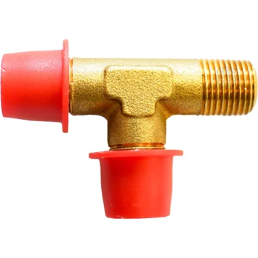 The Bezzera 7304514TR T-Fitting 1/8 M/M/M is a brass connector with two red plastic end caps and one threaded metal end, shown isolated on a white background. © 2025 1st-line.com