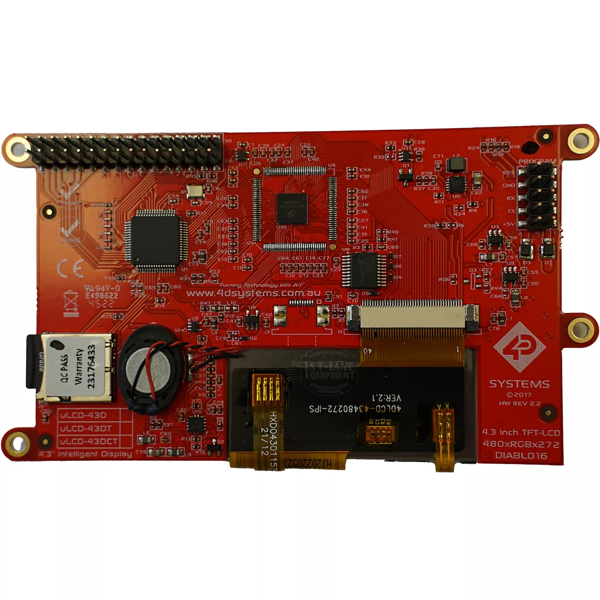 The Bezzera 7431503 Arcadia Programmed Display Script (B) is a 4.3-inch TFT-LCD controller board with multiple chips, capacitors, ribbon connector, and labeled ports for use in the Arcadia espresso machine display. © 2025 1st-line.com