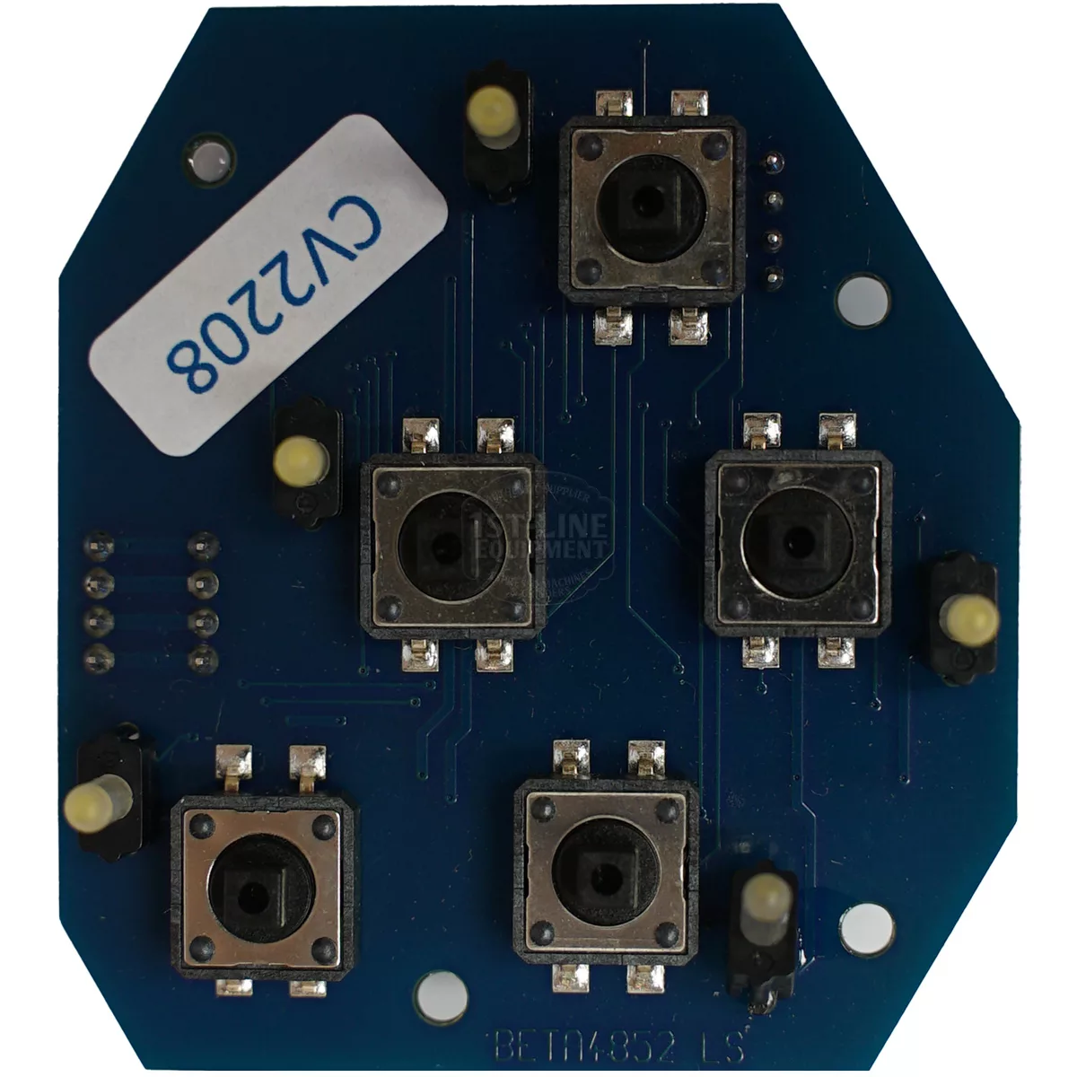 The Bezzera 7666507 3-Button Keyboard for Arcadia VAP features a blue hexagonal circuit board with five black push buttons in a cross layout, four yellow standoffs, and a white CV2208 label—perfect for Arcadia VAP machines. © 2025 1st-line.com