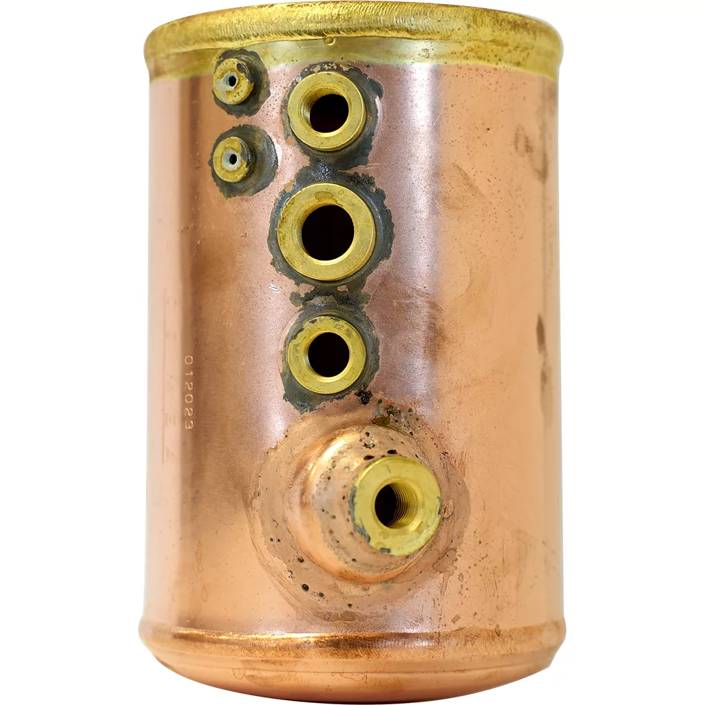 The ECM C277700250 Copper Boiler is a cylindrical tank with five round holes of different sizes, a brass rim at the top, and a slightly tarnished, worn copper surface. © 2025 1st-line.com