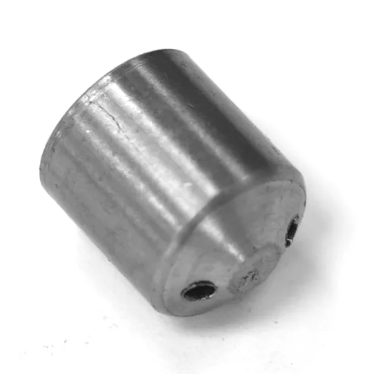 The image shows a small, cylindrical VBM RACCBUROVA2FI 2-Hole Steam Tip with a matte metal finish, two visible holes on one flat end, and a slightly worn surface, displayed on a white background. © 2025 1st-line.com