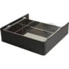 The Lelit 1000246 Black Drip Tray MaraX is a black metal rectangular container with a divided stainless steel interior, open at the top and one side, designed for use as a knock box or drawer with espresso machines. © 2025 1st-line.com