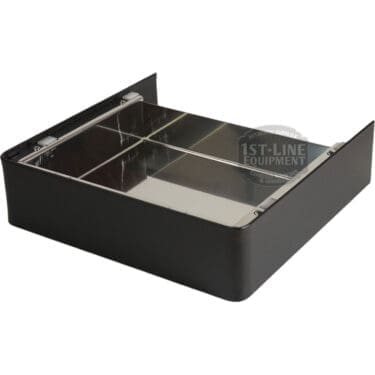 The Lelit 1000246 Black Drip Tray MaraX is a black metal rectangular container with a divided stainless steel interior, open at the top and one side, designed for use as a knock box or drawer with espresso machines. © 2025 1st-line.com