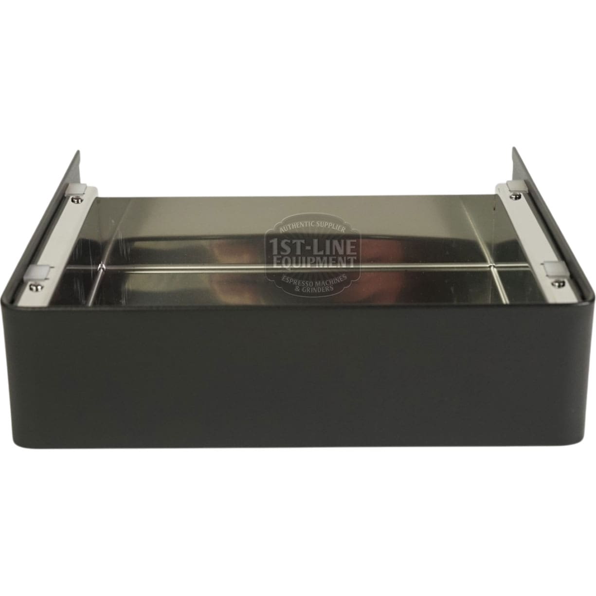 The Lelit 1000246 Black Drip Tray MaraX is a rectangular black metal knock box with a reflective stainless steel interior and two metal bars, designed to complement your Lelit MaraX—perfect for disposing of used espresso grounds. © 2025 1st-line.com