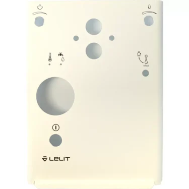 The Lelit 1100059 Front Plate for White Mara X features multiple circular cutouts for controls, icon labels for steam, water, and power, plus the Lelit logo at the bottom left on its light-colored surface. © 2025 1st-line.com