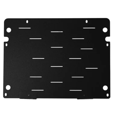 The Lelit 1100064 Top Cover for Black Mara X is a flat, rectangular black metal plate with multiple horizontal slots and four corner holes for mounting or securing components. © 2025 1st-line.com