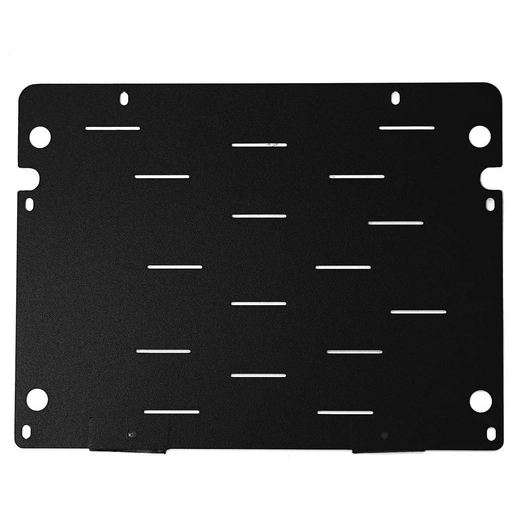 The Lelit 1100064 Top Cover for Black Mara X is a flat, rectangular black metal plate with multiple horizontal slots and four corner holes for mounting or securing components. © 2025 1st-line.com