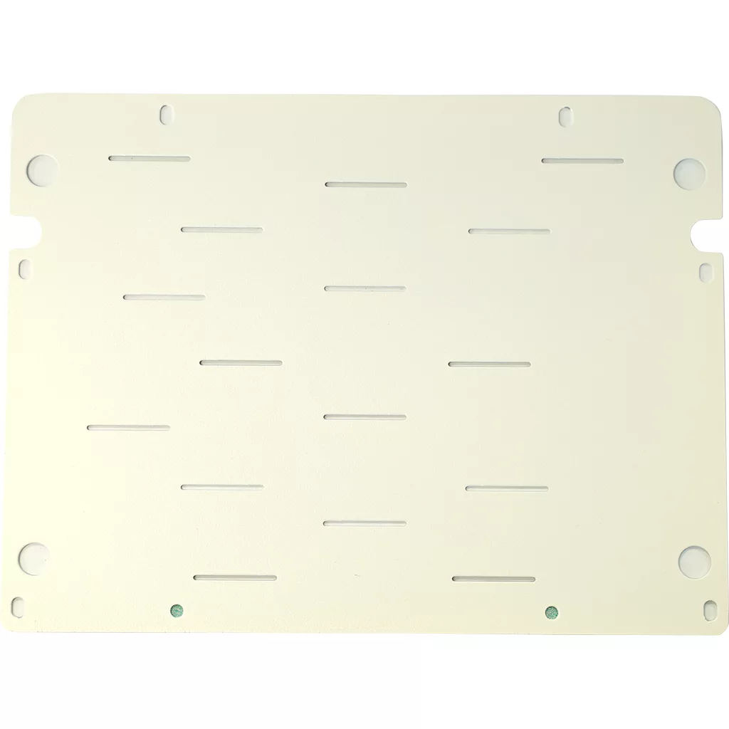 The Lelit 1100065 Top Cover for White Mara X is a rectangular white metal panel with rounded corners, horizontal slots, and four corner holes, designed as a vented top cover plate for the Mara X espresso machine. © 2025 1st-line.com