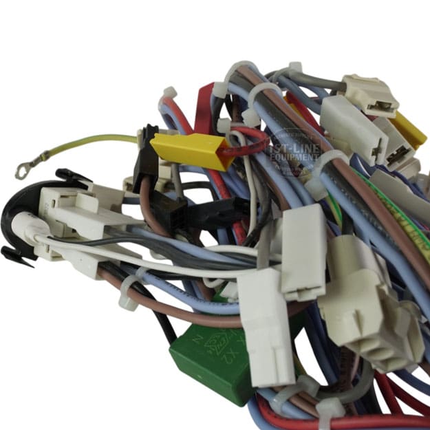 The Lelit 3000056 Bianca V3 Power Switch Wiring Assembly consists of color-coded wires and connectors joined to plastic plugs, designed for seamless integration into the power switch system of the Bianca V3 espresso machine. © 2025 1st-line.com
