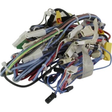 The Lelit 3000056 Bianca V3 Power Switch Wiring Assembly features a bundle of multi-colored wires with white plastic and metal connectors, arranged neatly against a plain background. © 2025 1st-line.com