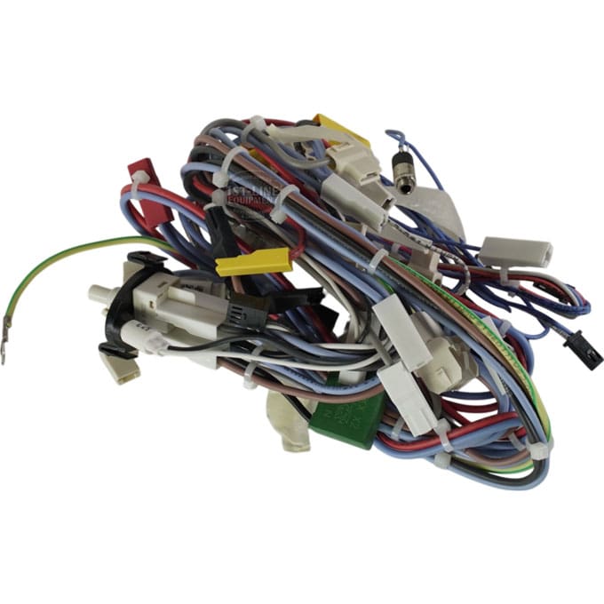 The Lelit 3000056 Bianca V3 Power Switch Wiring Assembly features a complex bundle of red, blue, green, and white wires with various plastic connectors and sockets for the Lelit Bianca V3. © 2025 1st-line.com