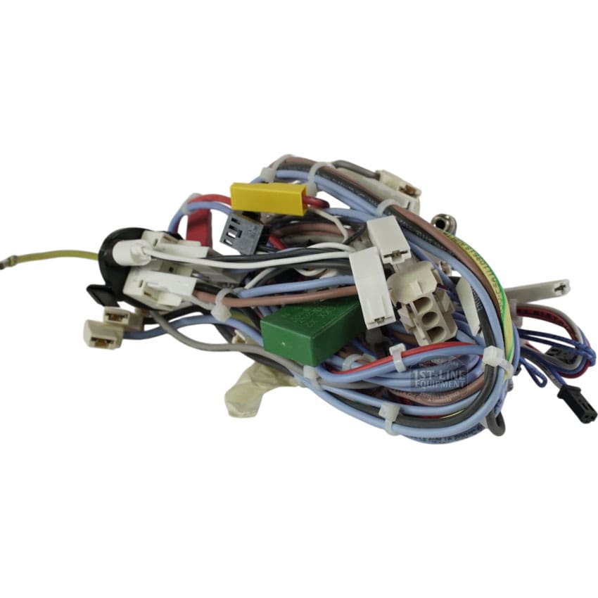 The Lelit 3000056 Bianca V3 Power Switch Wiring Assembly features a loose coil of multicolored wires and connectors—white, green, blue, and yellow—arranged on a white background. © 2025 1st-line.com