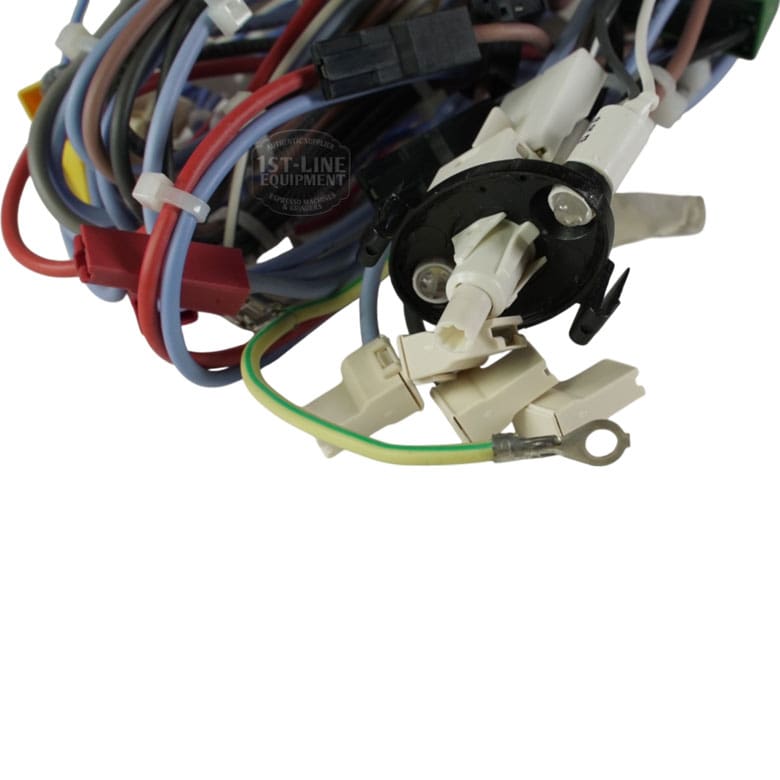 The Lelit 3000056 Bianca V3 Power Switch Wiring Assembly features multicolored wires, a green wire with a ring terminal, and various plastic connectors grouped for easy installation in electronic equipment. © 2025 1st-line.com