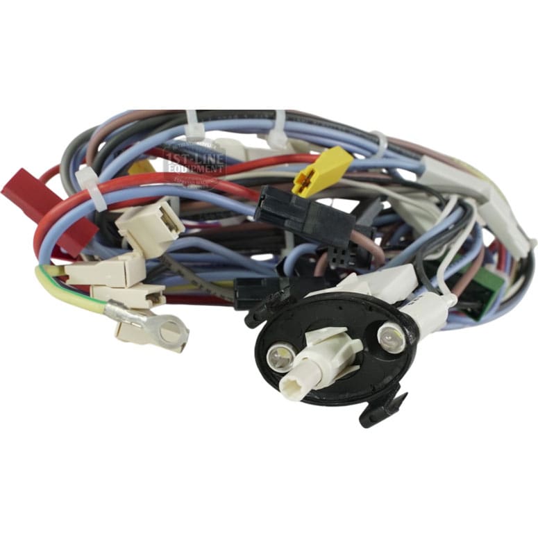 The Lelit 3000056 Bianca V3 Power Switch Wiring Assembly is a coiled bundle of white, black, red, yellow, and green wires with connectors and terminals attached to a black plastic mounting plate. © 2025 1st-line.com