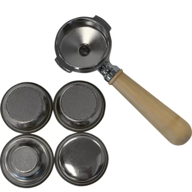 The Lelit PLA582M Dual Spout Maple Wood Handle Portafilter Kit is shown with four metal filter baskets, each featuring different hole sizes for various espresso extractions. © 2025 1st-line.com