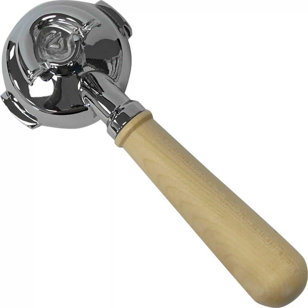 The Lelit PLA582M Dual Spout Maple Wood Handle Portafilter Kit, with a shiny chrome finish and maple wood handle, is shown at an angle on a white background. © 2025 1st-line.com